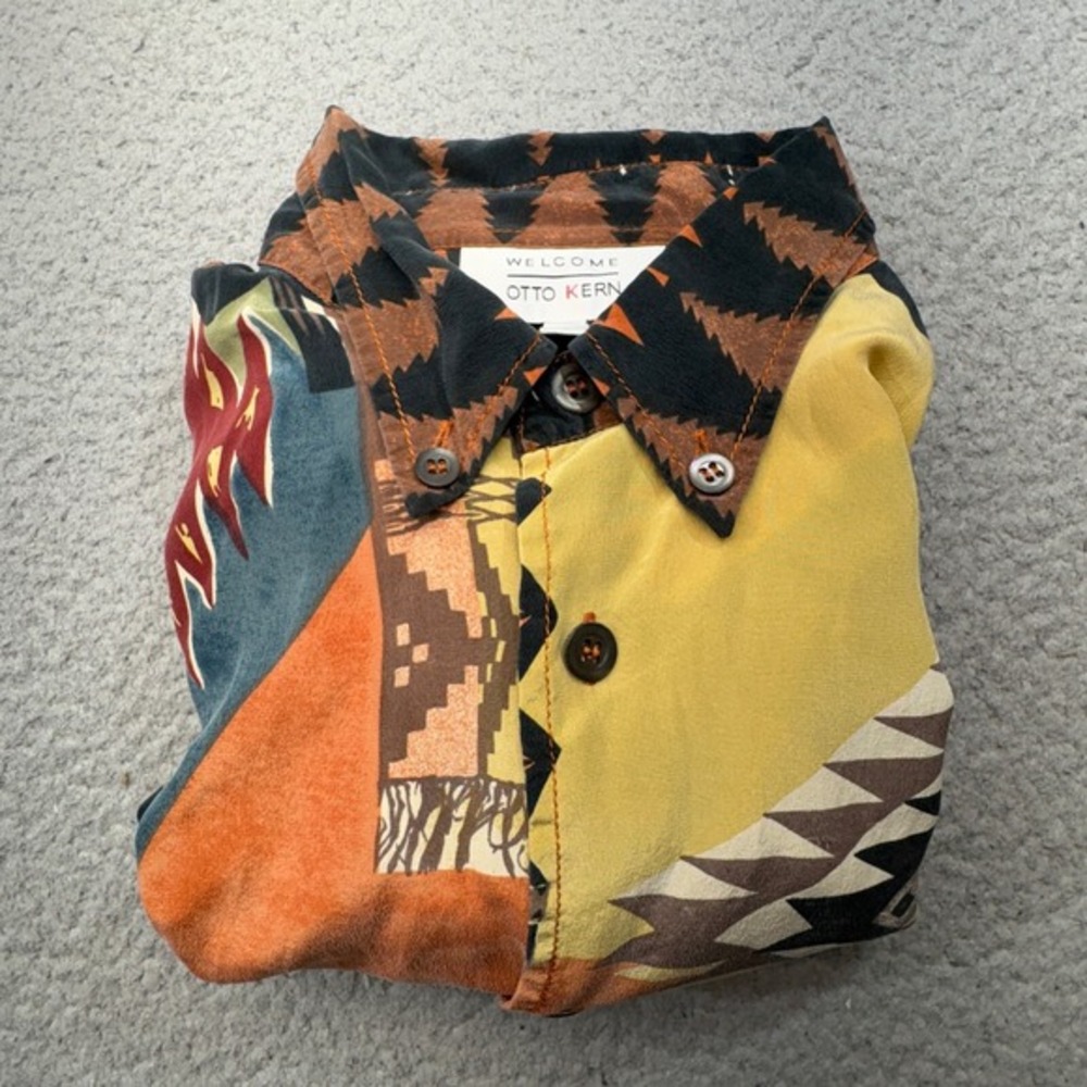 VINTAGE Otto Kern Tunic Top Womens 10 Silk Indian Head Horse Art Boho Shirt 90s - Picture 12 of 13